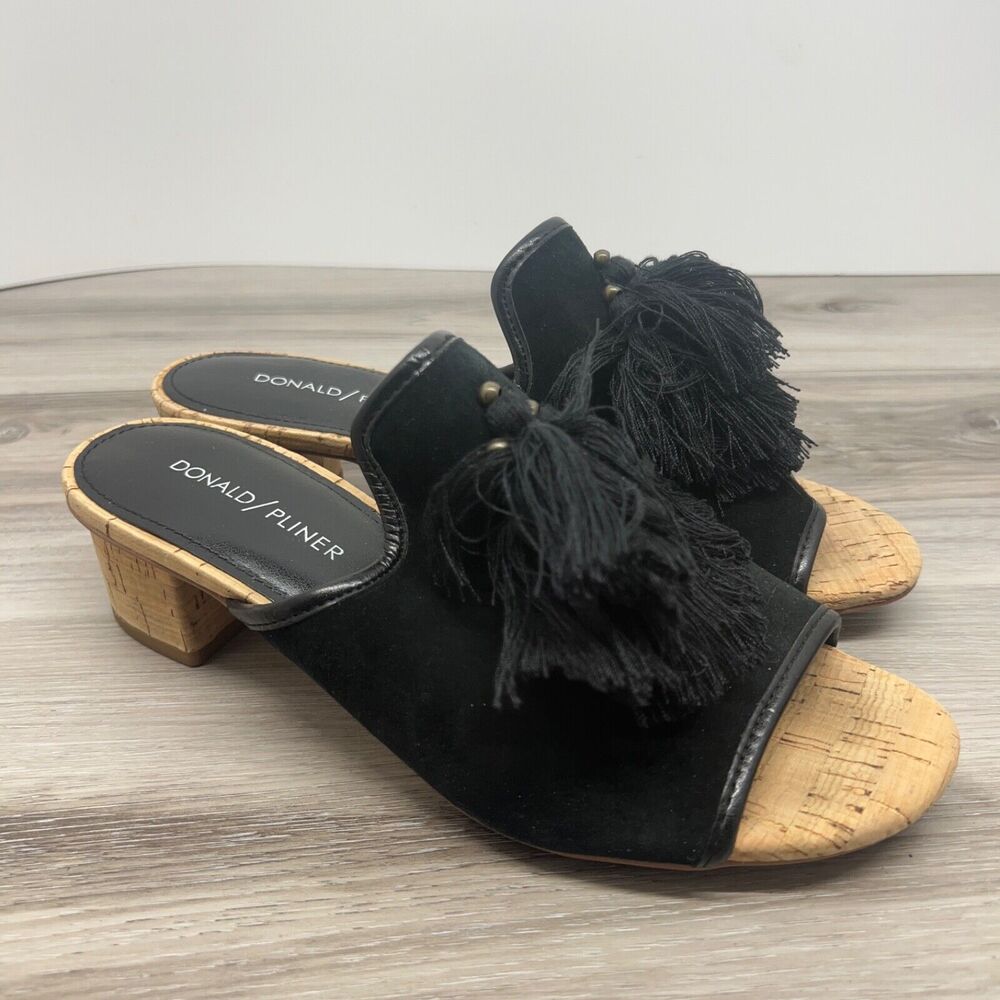 DONALD‎ J PLINER SUEDE TASSLE MULES BLACK Size 6.5 M SLIP ON CUTE BLOCK HEEL